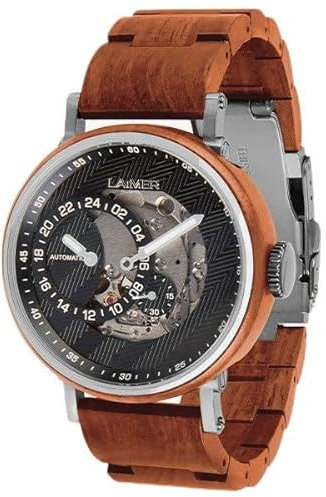 LAiMER Holzuhr Arne - Herren Automatik Armbanduhr aus Echtholz und Edelstahl 42mm - Analog, Leuchtzeiger - Apfelholz - Zero Waste Verpackung aus Naturholz