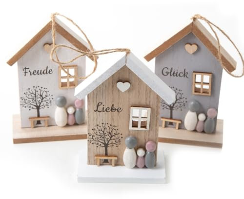 Logbuch-Verlag 3 Holzhäuser zum Aufhängen Deko Haus Liebe Glück Freude Geschenk Set Familie Dekoration Frühling Ostern 16,5 x 10 cm