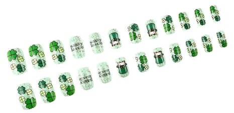 24 Pcs Short Full Coverage Nails Green Shamrock Design Acrylic Artificial Nails for Patrick's Day Celebration