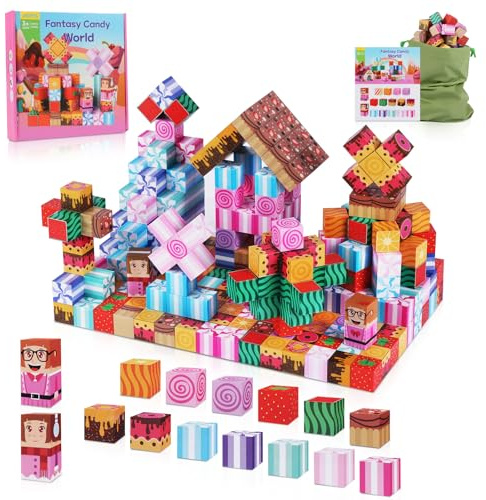 TSKER Magnetische Bausteine - 100 Pcs Magnet Spielzeug, Magnetic Blocks Bauen Fantasiewelt - Süßigkeitenwelt, Princess's STEM Montessori-Sensorikspielzeug Geeignetes Geschenk für Kinder ab 3 4 5Jahren