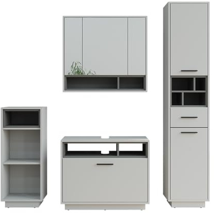 Vicco Badmöbel-Set Beatrice, Grau/Anthrazit, 80 cm | besteht aus Waschbeckenunterschrank, Spiegelschrank, Hochschrank und Midischrank