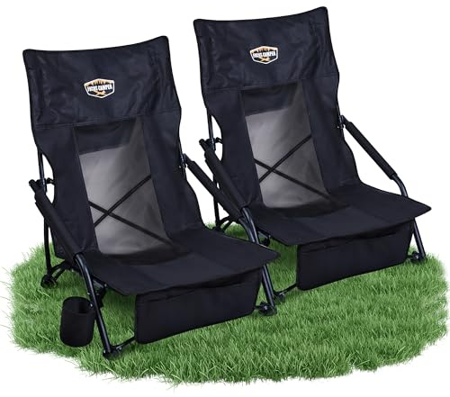 Fuchs Camper Strandstuhl klappbar leicht – Niedriger Campingstuhl mit hoher Rückenlehne – Faltbarer Outdoor-Stuhl mit Getränkehalter & Taschen – Bis 180 kg belastbar – Schwarz (2er Set)