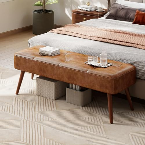 Ckaff Banc Bout de Lit Banquette, Banc d' Entrée Capitonnée Assise Rembourré en Cuir PU 113.5x36.5x43cm avec Pieds en Bois pour Entrée Salon Chambre à Coucher, Brun