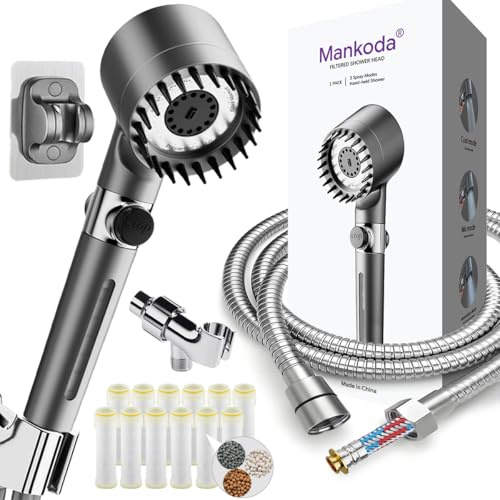 Mankoda High Pressure Shower Head, 3 Spray Modes Shower Head with Handheld Shower, Removable Shower Head with 12 Replaceable Water Softener Filters for Hard Water, Shower with 75 Inch Anti-Burst Hose