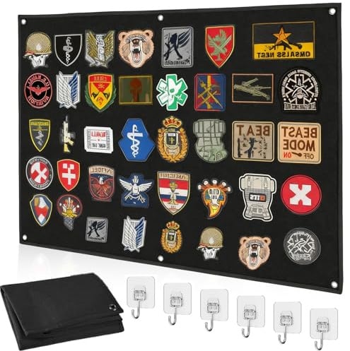Patchwand Klett, 110×70CM Kletttafel Patches Klett Nylon Klettwand Mit Ösen Patch Wand Faltbar Patches Wands Klettfläche Klettmatte mit Haken für Aufnäher Stempel