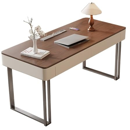 ZENGXJYCQINGJIANG Gaming Desk Modern Walnut Brown Study Writing Desk with 2 Storage Drawers, Home Office Laptop PC with Charging Outlets(S)