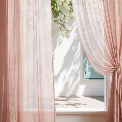 Melodieux Gardinen mit Kräuselband - Fenster Vorhänge H260×B140 cm, Wohnzimmer Luftig Dekoschal Rosa Leinenvorhang, 260cm Lang Vorhänge für Schlafzimmer, 2er Set