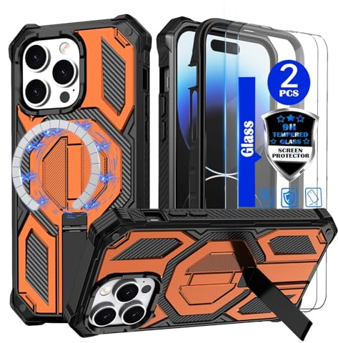 YmhxcY for iPhone 14 Pro Max Case，Compatible with MagSafe[With 2 pieces of tempered glass screen protector] With concealed metal bracket，Heavy-Duty Shockproof Rugged Case，6.7 inch(Orange)