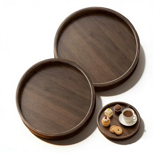 Xtrillogen 2 Stück Holztablett Rund,Braun Deko Tablett Rund Serviertablett,Tischdeko Tablett Holz,Nussbaum Dekotablett Holz für Getränke,Kaffee,Snacks Geschirr,Heimdekoration