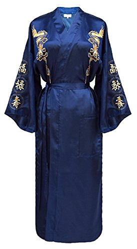 Bon amixyl Peignoir de bain pour homme en satin de soie Kimono Motif dragon brod頙ukata Hakma Vintage,Bleu Marine,L