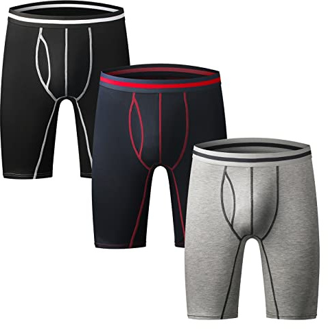 Nuofengkudu Mens Long Leg Boxers Shorts Anti Chafing Stretch Cotton Underpants Longer Legged Trunks Briefs with Fly Pouch Waistband Breathable Soft Sports Underwear 3 Pack Black Grey Blue S
