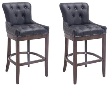 CLP 2er Set Barhocker Lakewood Mit Echtlederbezug I 2 x Tresenstuhl Mit Gestell Aus Kautschukholz Und Rückenlehne, Farbe:schwarz, Gestell Farbe:antik