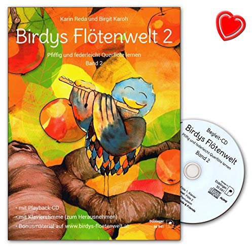 Birdys Flötenwelt Band 2 - Pfiffig und federleicht Querflöte lernen - Querflötenschule von Karin Reda mit CD, Notenkarten und bunter herzförmiger Notenklammer