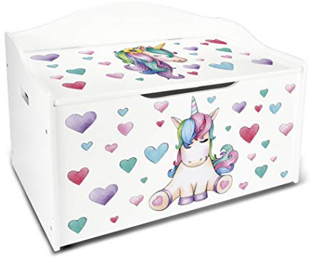 Leomark Kinderbank Hölzerne - Unicorn - Kindertruhenbank, Behälter für Spielzeug, Truhe für Kinderzimmer, Höhe: 46 cm
