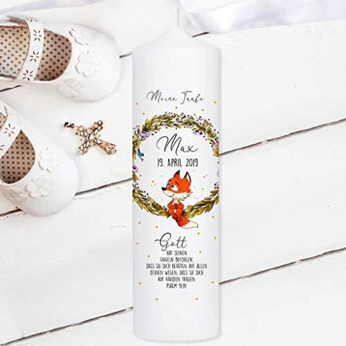 Wandtattoo Loft Taufkerze Blumenkranz mit Fuchs - Kerze zur Taufe, Geburt oder Kommunion – weiß 25 x 8 cm mit Name, Datum, ggf. Taufspruch / / Taufkerze 25 x 8 cm