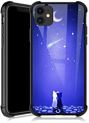blaue Mond und Katze, Hüllen für Mädchen, gehärtetes Glas, Rückseite kratzfest, verstärkte Ecken, weiches TPU, stoßfeste Schutzhülle iPhone 11, Halbmond Sterne Nacht