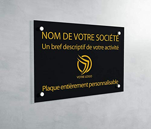 Plaque Professionnelle PVC - Plaque Gravée À Personnaliser - Taille personnalisable -19 Couleurs (Noir écrit Jaune Or)