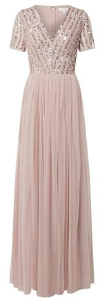 Maya Deluxe Maxi Dress for Women Ladies Bridesmaid V-Neck Ball Gown Short Sleeves Long Elegant Empire Waist Wedding Vestito per Damigella d’Onore, Rosa Satinato, 44 Donna