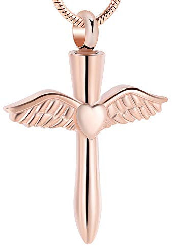 WANFJ Jewellery for Mum Cross with Heart Wing Cremation Jewelry Necklace for Ashes Memorial Ashes Urns Men Necklace Keepsake Jewelry-Rose_Gold