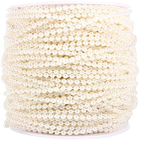 Ftory Perle Schnur, Perle Draht Perlen, 50M Rolle 3mm Angelschnur Perlen Schnur Perlen Kette Girlande Hochzeitsdekoration Mittelstücke für Home Party Perlenhochzeit Deko(cremig)