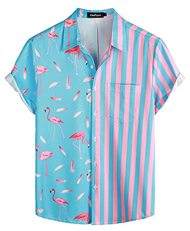 VATPAVE Mens Flamingo Hawaiian Shirts Casual Floral Short Sleeve Button Down Shirt Summer Shirts Large Blue Flamingo Print