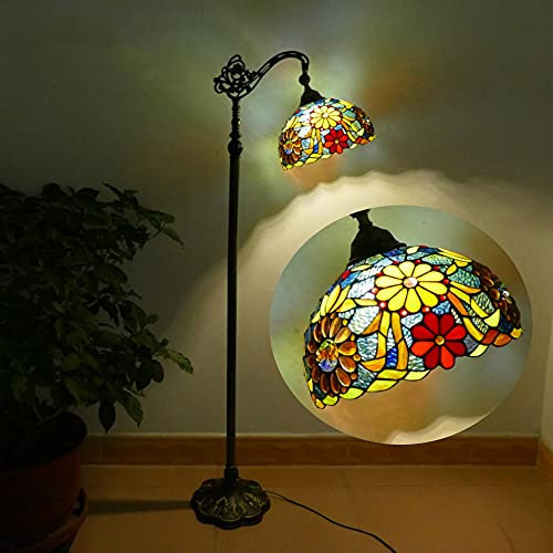 Ø30CM Tiffany Wohnzimmer Stehlampe mit Fußschalter Vintage Landhaus Stehleuchte Wohnzimmern Retro Büro Leselampe ländlich Blumen Design für Study Schlafzimmer Verstellbarer Glasmalerei Lampenschirm