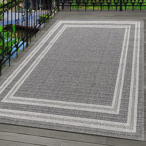 Carpetsale24 In- & Outdoor Teppich Läufer 80x150 cm, Wetterfest & Robust, Modernes Bordüren-Design in Grau & Creme, Rechteckig für Terrasse, Balkon, Küche, Bad & Wohnzimmer
