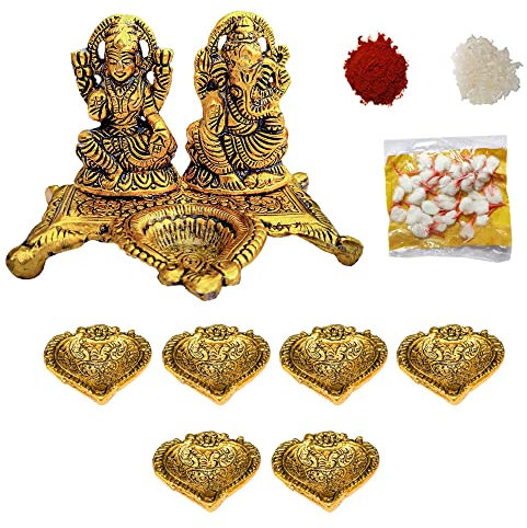 Wonder Care | Ganesha Lakshmi Statue mit großem Detail aus Elfenbein Antik-Finish Metall Diya für Diwali Pooja Öllampe - Ganesh Idol für Auto | Wohnkultur | Mandir | Geschenk | Hindu-Gott-Idol