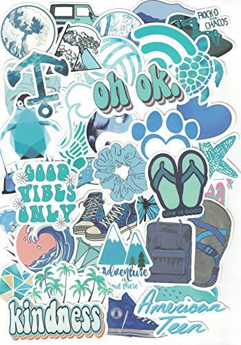 Top Stickers 50 Stück verschiedene Aufkleber Türkisblau – Camping, Surfen, Cool, Reisen, Beach, Bodyboard – Decals, Scrapbooking