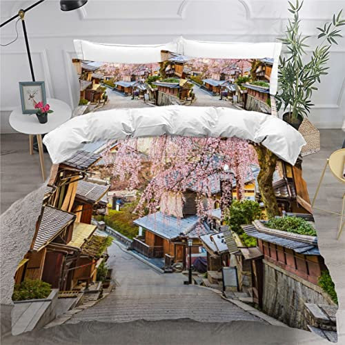 Japanische StraßEnszene Bettwäsche 135x200cm 3D Drucken Tokio Bettbezug Set für Jungen Mädchen Teens Kinderbettwäsche Mikrofaser Weiche Luxus Bettwaren Raumdekor 3-teiliges +2 Kissenbezug 80x80