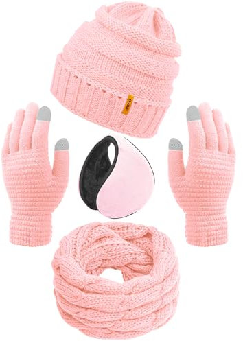 Aneco Winter Warm Sets Strickschal Beanie Mütze Touchscreen Handschuhe und Winter Ohrwärmer für Männer oder Frauen, hellrosa Farbe, Einheitsgröße