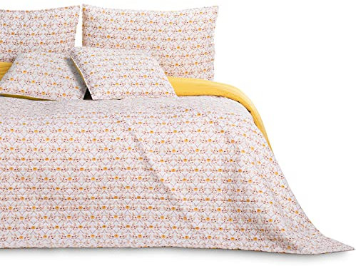 AmeliaHome Tagesdecke Bettüberwurf 260x280 cm zweiseitig pflegeleicht Steppung folkloristisches Pflanzenmuster Gelb Weiß Orange Folky