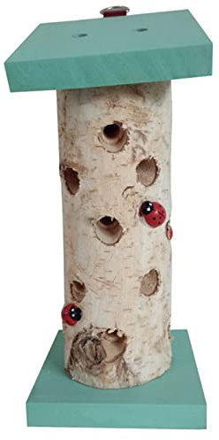 Dehner Natura Premium Marienkäferhaus Ladybird, Insektenhaus / Nistkasten für Marienkäfer, Ø 10 cm, Höhe 24 cm, Birkenholz, türkis / beige