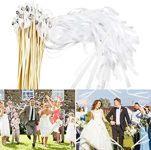 TOPJOWGA Wedding Wands, 20 Stück Weiß Zauberstäbe Hochzeit Luftschlangen mit Glöckchen und Bänder, Spitze Stäbe Hochzeit, Weiß Seidenfeenstab für Hochzeit Partys Geburtstag Weihnachten (Weiß)