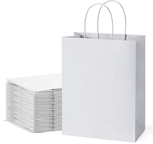 Vancone Papiertüten mit Henkel, 30 Stück Geschenktüten Papier, Papiertüten Klein mit Verdrehten Griffen für Partybevorzugung, Verpackung, Anpassung, Tragen, Einzelhandel, Waren,Weiß 15 * 8 * 21cm