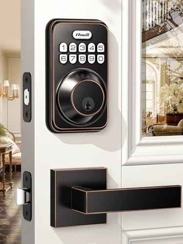 Zowill Keyless Entry Door Lock with 2 Lever Handles, Electronic Keypad Deadbolt, Auto-Locking, Anti-Peeping Password, Digital Code Door Lock, Front Door Handle Sets, OilRubbed Bronze