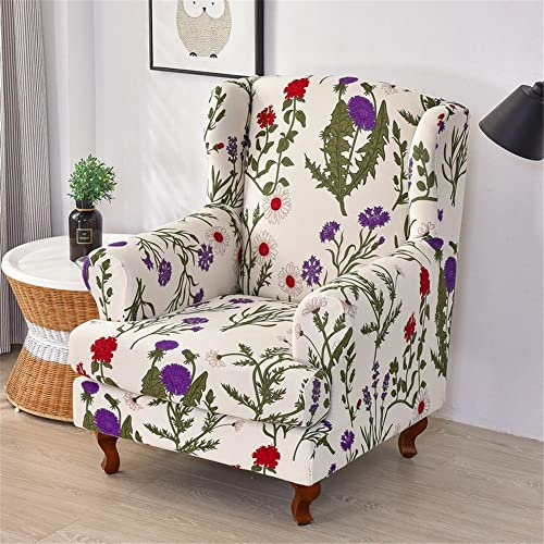 Highdi 2-Teilig Ohrensessel Bezug Sesselbezug Sesselüberwürfe Ohrensessel Überzug Hübsch Blumendruck Stretch Sesselhusse mit Armlehne für Relaxsessel, Fernsehsessel (lila Blume)