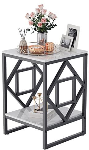 FATIVO Beistelltisch Nachttisch Couchtisch Marmor: 2-Ablagen Weiß Marmor Tischplatte - Skandinavisch Sofatisch mit schwarz Metall Gestell - für Wohnzimmer Sofa Schlafzimmer Bett 40×40×58cm