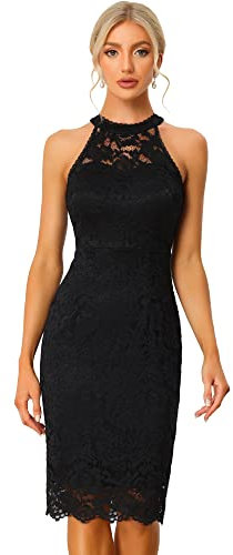 Allegra K Damen Spitzenkleid Ärmellos Figurbetontes Elegantes Etuikleid Neckholder Kleid Schwarz L