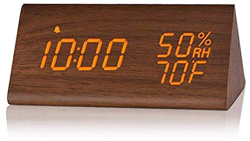 Digitaler Wecker, Holzwecker mit Elektronischer LED-Zeitanzeige, Feuchtigkeits- und Temperaturerkennung, 3 Alarmeinstellungen, 3 Helligkeitsstufen, Elektrische Uhr für (Hellbraunes, braunes Holz)