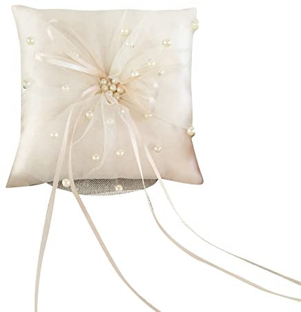OAIEU Vintage-Spitze-Perlen-Ehering-Kissen, Verlobungsringträger-Kissen Für Zeremonie, Party, Gastgeschenk (Beige)