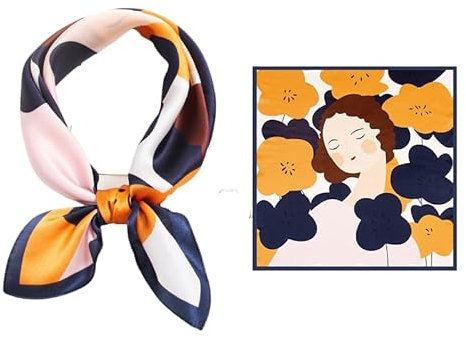 GIMIRO Schal aus imitierter Seide [53 x 53cm] Quadratische Schals Seidenschal Marineblau-Gelb-Beige Paisley-Muster Elegantes Accessoire (Navy and Yellow Flowers around Lady)