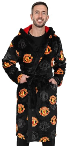 Manchester United Herren-Bademantel mit Kapuze, offizieller F.C. Herren-Bademantel, Fleece, mit Kapuze, Schwarz , M