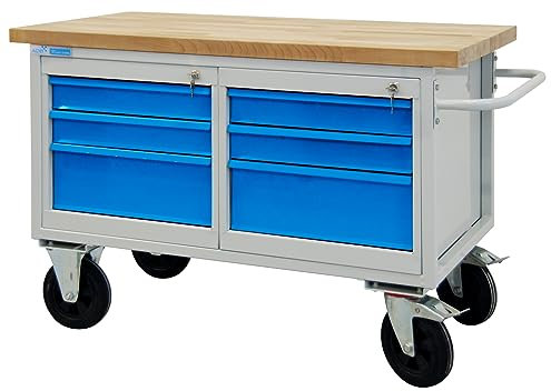 PROREGAL Mobile Werkbank Rhino mit 6 Schubladen | HxBxT 83x130x60cm | Traglast 500kg | Lichtgrau/Lichtblau | Werkstatttisch Werktisch Packtisch Arbeitstisch
