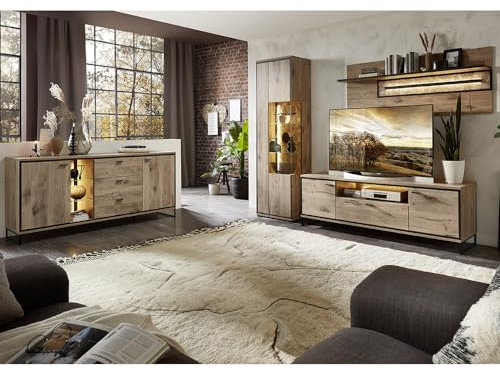 Wohnmöbel Set Wohnwand inkl. Beleuchtung braun 4-teilig Modern, 1 Vitrine, 1 Sideboard, 1 Lowboard, 1 Wandboard