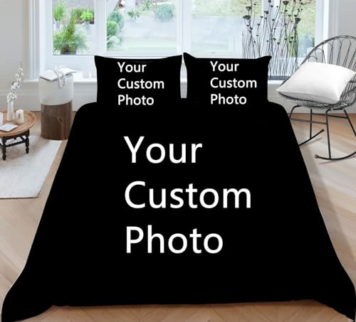 PEIHUODAN Personalisierte Bettwäsche Set Schwarz, Personalisierte Foto Angepasste,Foto Bettbezug Kissenbezüge 200x200 cm Baby Pet Hund Katze Gamer Individuell in 5 Foto Vier Jahreszeiten