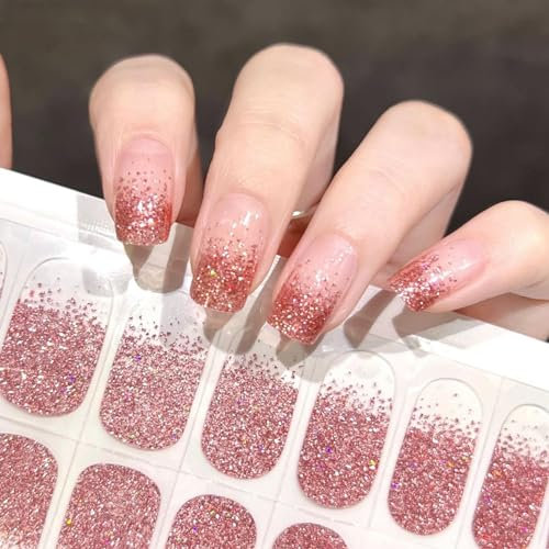 22PCS Gel Nagellack Aufkleber - Full Wraps Nagelaufkleber UV/LED-Lampe Erforderlich Cured Gel Nail Strips (Glänzende Rosenrot)