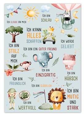 Affirmationsposter für Kinder – Stärke Selbstvertrauen & Positivität – A4/A3, Weiß, Blau oder Rosa (A4, Blau)