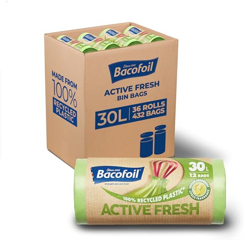 Bacofoil Active Fresh Bin Liners with Drawstring Handles 30L - Leak-Proof Bin Bag with a Citrus Fragrance to Prevent Odours (36 Rolls, 432 Bags)
