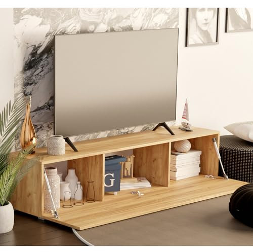 Milionmeblicom Meuble TV Chêne Doré pour Salon Largeur 135 CM De Télé Moderne Aspect Bois Design Table de Television Suspendu avec à Fermeture Amortie